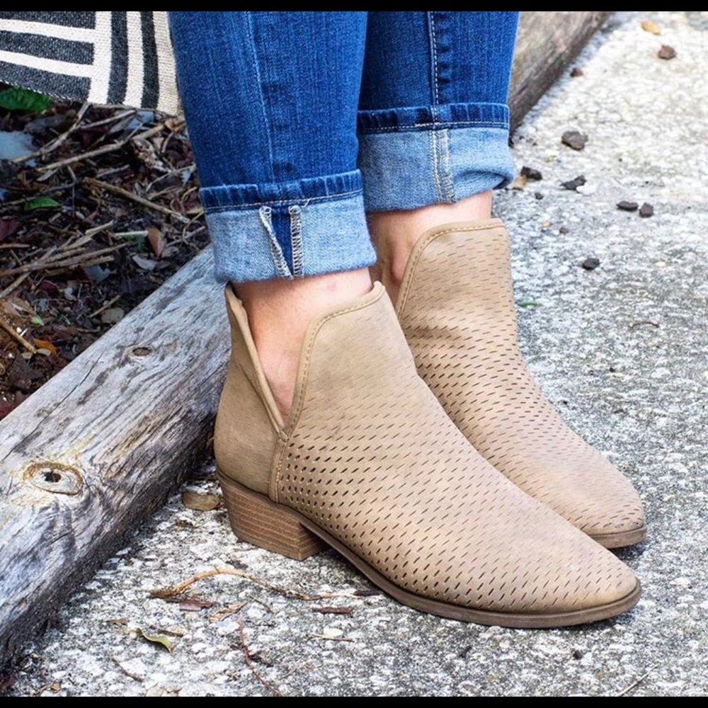 Merona booties. Taupe laser cut faux suede. Size 8